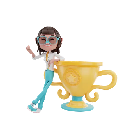 Businesswoman leaning cool on the trophy  3D Illustration