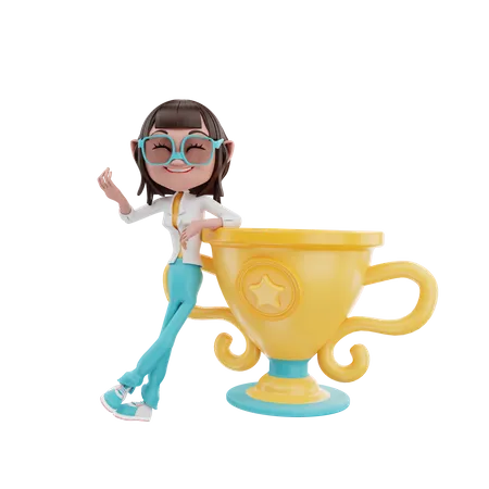 Businesswoman leaning cool on the trophy 3D Illustration