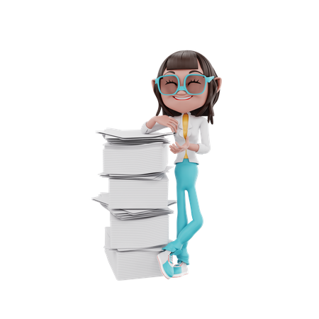 Businesswoman leaning on a lot of files  3D Illustration