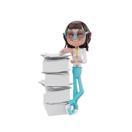 Businesswoman leaning on a lot of files  3D Illustration