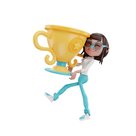 Businesswoman lift the trophy and smile 3D Illustration
