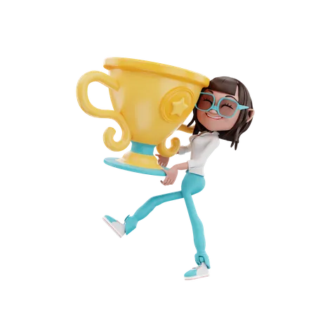 Businesswoman lift the trophy and smile  3D Illustration