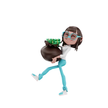 Businesswoman lifting money bag  3D Illustration