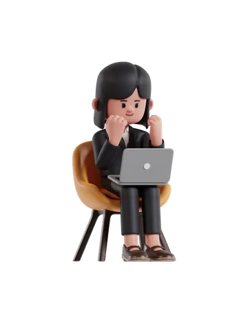 3 D Illustration Of Cartoon Businesswoman Looking At Laptop Screen While Raising His Hand In Celebration 3D Illustration