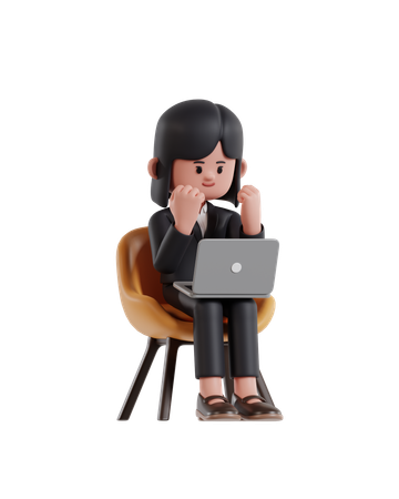 Businesswoman looking at laptop screen while raising his hand in celebration  3D Icon
