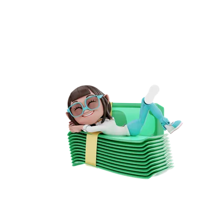 Businesswoman lying on money  3D Illustration