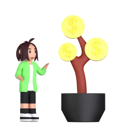 3 D Illustration Of Woman Waiting For Gold Tree Concept 3D Illustration