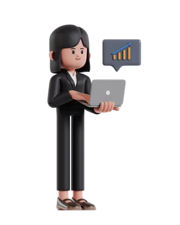 Businesswoman Monitoring Growth Statistics On Laptop Screen  3D Illustration