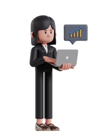 3 D Illustration Of Cartoon Businesswoman Monitoring Growth Statistics On Laptop Screen 3D Illustration