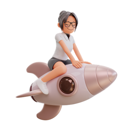 Businesswoman On Rocket 3D Illustration