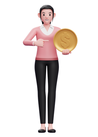 Businesswoman point towards dollar coin  3D Illustration