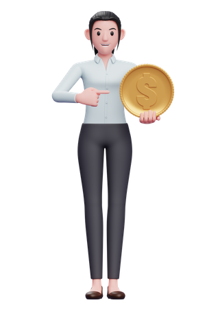 Businesswoman point towards dollar coin  3D Illustration