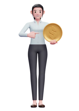 Businesswoman point towards dollar coin  3D Illustration