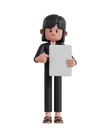 3 D Illustration Of Cartoon Businesswoman Pointing At Blank White Paper 3D Illustration