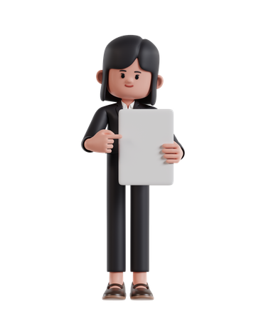 Businesswoman pointing at blank white paper  3D Icon
