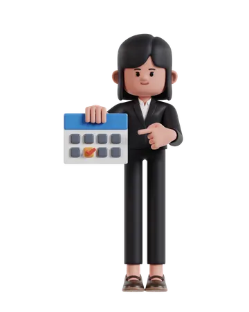 3 D Illustration Of Cartoon Businesswoman Pointing To Deadline Date On Calendar 3D Illustration