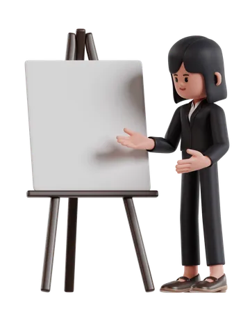 3 D Illustration Of Cartoon Businesswoman Presentation With White Board 3D Illustration