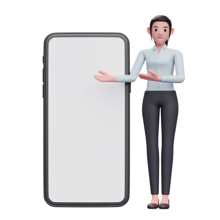 Standing Businesswoman Presenting Big Phone With White Screen 3 D Render Character Illustration 3D Illustration