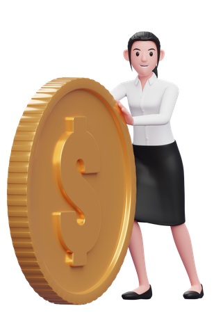 Businesswoman pushing dollar coin  3D Icon