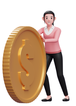 Businesswoman pushing dollar coin  3D Icon