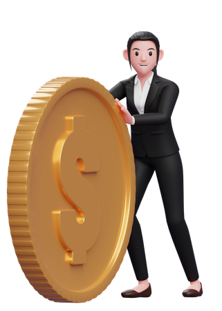 Businesswoman pushing dollar coin  3D Icon