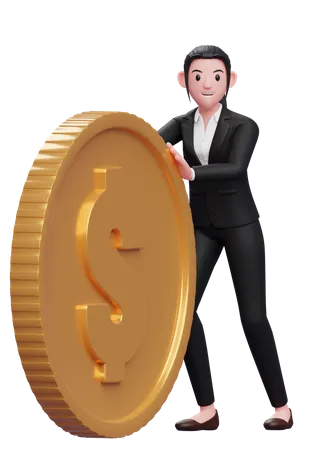 Businesswoman pushing dollar coin  3D Illustration