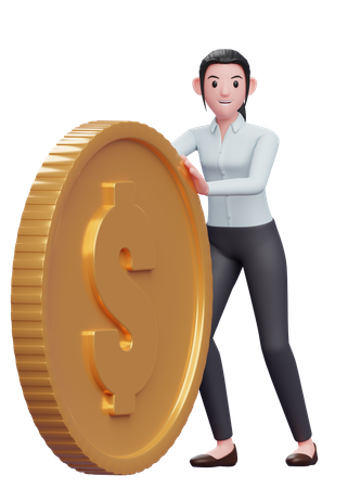 Businesswoman pushing dollar coin  3D Illustration