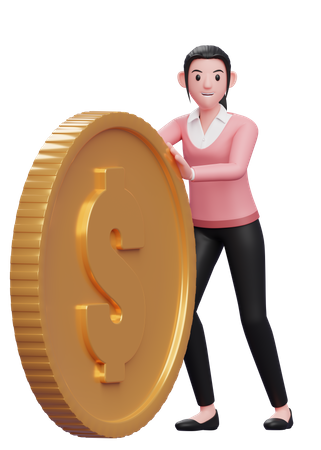 Businesswoman pushing dollar coin  3D Illustration