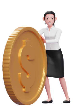 Businesswoman pushing dollar coin  3D Illustration