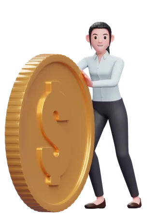 Business Woman In A Blue Shirt Send Big Coins By Pushing 3 D Illustration Of A Business Woman In A Blue Shirt Holding Dollar Coin 3D Illustration
