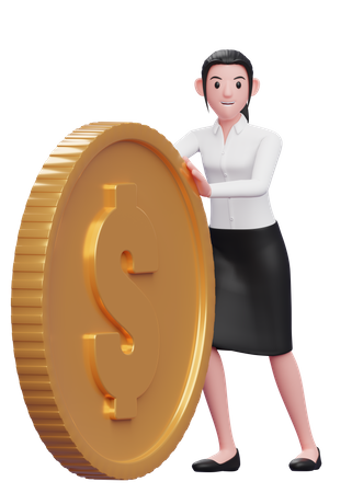 Businesswoman pushing dollar coin 3D Illustration