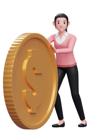 Businesswoman In Pink Sweater Pushing Dollar Coin 3 D Illustration Of A Business Woman In Sweater Holding Dollar Coin 3D Illustration