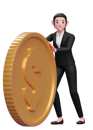 Business Woman In A Black Suit Send Big Coins By Pushing 3 D Illustration Of A Business Woman In A Black Suit Holding Dollar Coin 3D Illustration