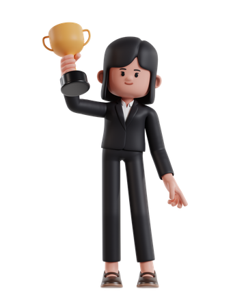 Businesswoman Raises Trophy With Right Hand  3D Icon