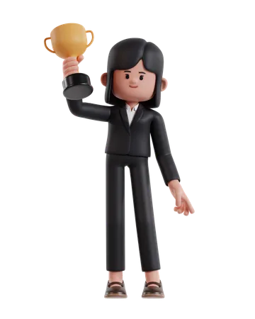 3 D Illustration Of Cartoon Businesswoman Raises Trophy With Right Hand 3D Illustration