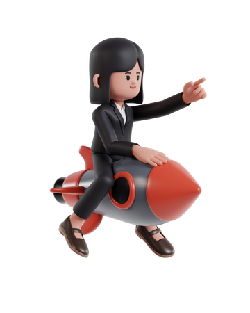 Businesswoman riding a rocket while pointing forward  3D Icon