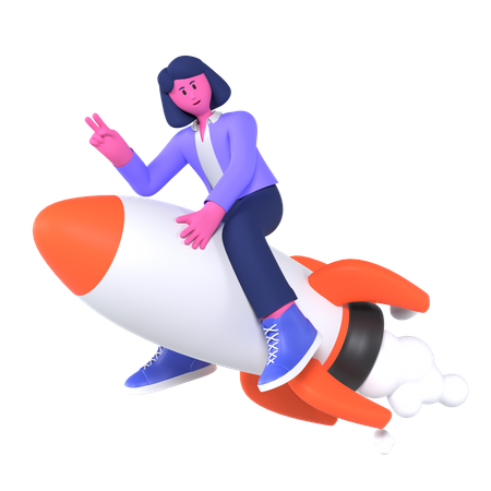 Businesswoman Riding Rocket  3D Illustration