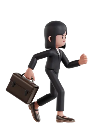 3 D Illustration Of Cartoon Businesswoman Running With Briefcase 3D Illustration