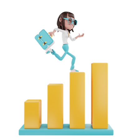 Businesswoman running with suitcase over the chart  3D Icon