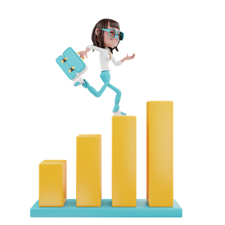 Businesswoman running with suitcase over the chart 3D Illustration