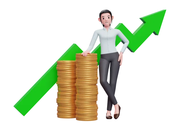 Business Woman In Blue Shirt Leaning On Pile Of Gold Coins With Growing Statistics Ornament On The Back 3D Illustration