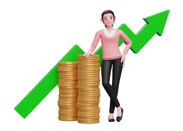 Sweet Girl In Pink Sweater Satisfied After Investment Growth 3 D Illustration Of A Business Woman In Sweater Holding Dollar Coin 3D Illustration