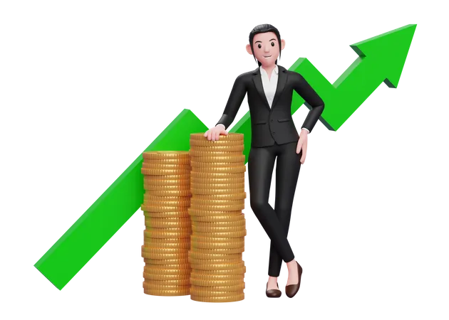 Businesswoman In Formal Suit Satisfied After Investment Growth 3 D Illustration Of A Business Woman Black Suit Sweater Holding Dollar Coin 3D Illustration