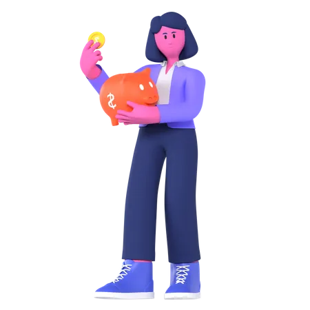 Businesswoman Saving Money In Piggy Bank  3D Illustration