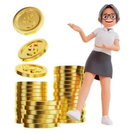 Businesswoman Showing Dolar Coin 3D Illustration