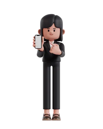 3 D Illustration Of Cartoon Businesswoman Showing Cellphone Screen 3D Illustration