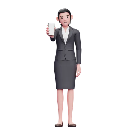 Business Woman In Formal Suit Showing Phone Screen 3 D Render Character Illustration 3D Illustration