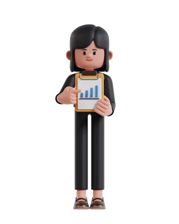 3 D Illustration Of Cartoon Businesswoman Shows Improvement Data On Paper Clamped To A Clipboard 3D Illustration