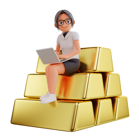 Businesswoman sit on gold  3D Illustration