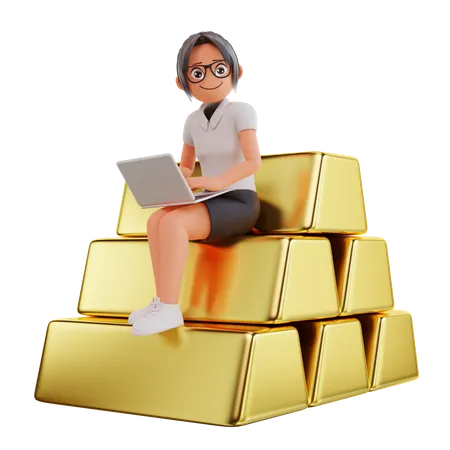 Businesswoman sit on gold  3D Illustration